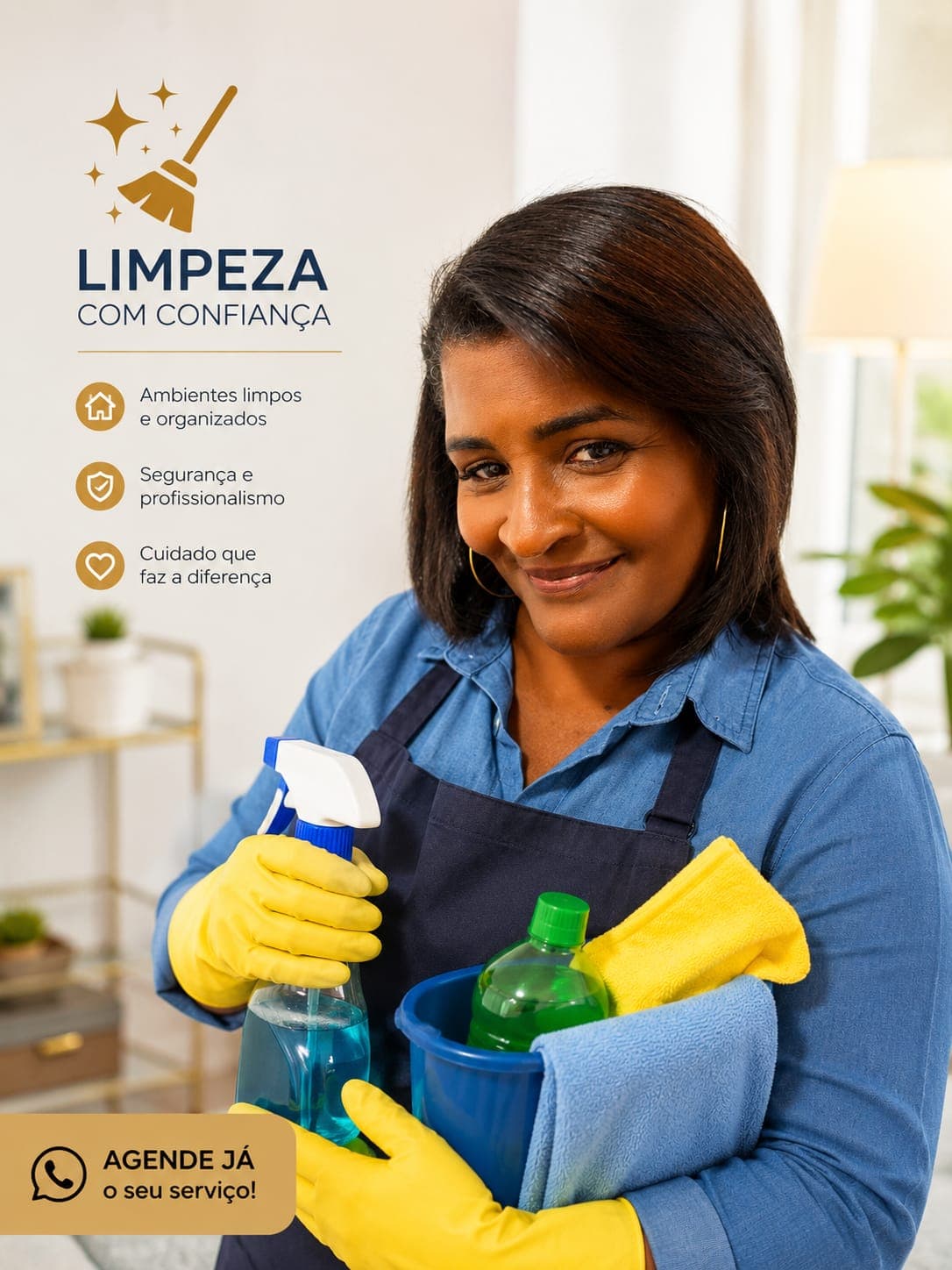 Profissional da Mania de Limpeza com produtos de limpeza